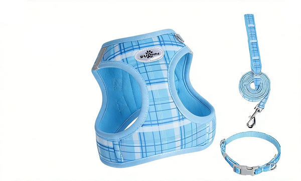 Tartan dog harness with matching leash in a classic plaid design