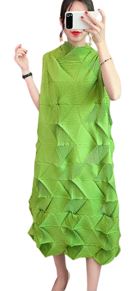 Venus pleat dress is avant-garde style. Japanese, sleeveless box type dress. Stand collar, with 7 tides of color. Pleated crinkle cut fabric, in fuss-free pattern that moves with the body.
