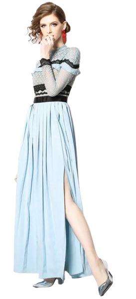 Fitted runway long dress, with tiny flower crochet and ruffles. Hollow out patchwork large split, party dress. Waterfalls to long  pleats. Comes in powder blue.