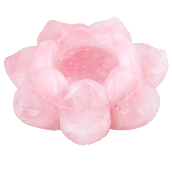 Crafted natural quartz crystal lotus flower shaped candle holder. Variety of colors. For meditation and interior decoration, home design. Rose Pink.