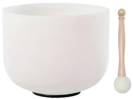 White singing bowl with a wooden mallet on a white background