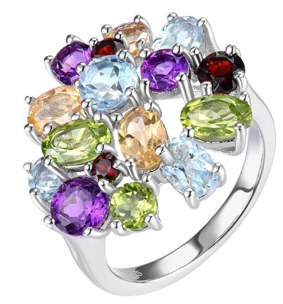 The Dream Gem Ring is a delightful multi colored gemstone silver cluster ring. It includes a halo of Blue Topaz, Green Peridot, Garnet, Yellow Citrine, Amethyst and Pale Aquamarine.
