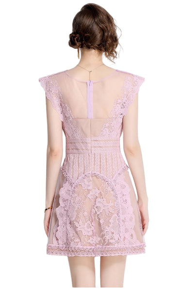 The Beatrice Lavender Lace Dress features delicate lace and embroidered florals, offering a romantic, refined silhouette perfect for special occasions or elevated everyday wear.