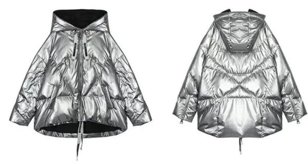 The Silver Hooded Bomber Jacket is a cropped and A-line. It is extremely warm with 80% Duck Down fill. 