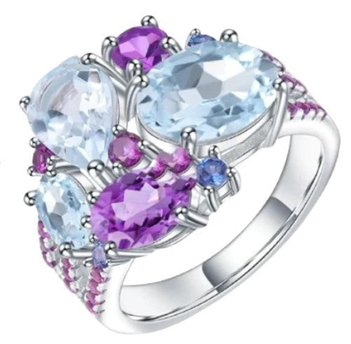 Luck Gem Ring. A delightful, pale bouquet of gems. This crystal ring is incredibly beautiful to look at. Set in 925 stirling silver. Sky Blue Topaz, Amethyst, Sapphire Blue