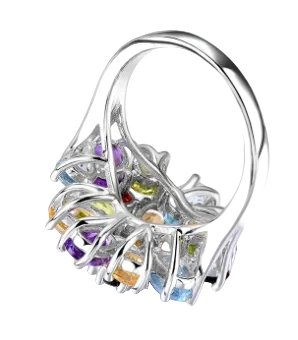 The Dream Gem Ring is a delightful multi colored gemstone silver cluster ring. It includes a halo of blue topaz, green peridot, garnet, yellow citrine and amethyst. 