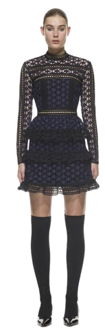 Long sleeve, tight fitting, geometric star lace mini dress in navy blue, for dinner, party or club. 3 tiered ruffle A-line skirt. Match with evening clutch.