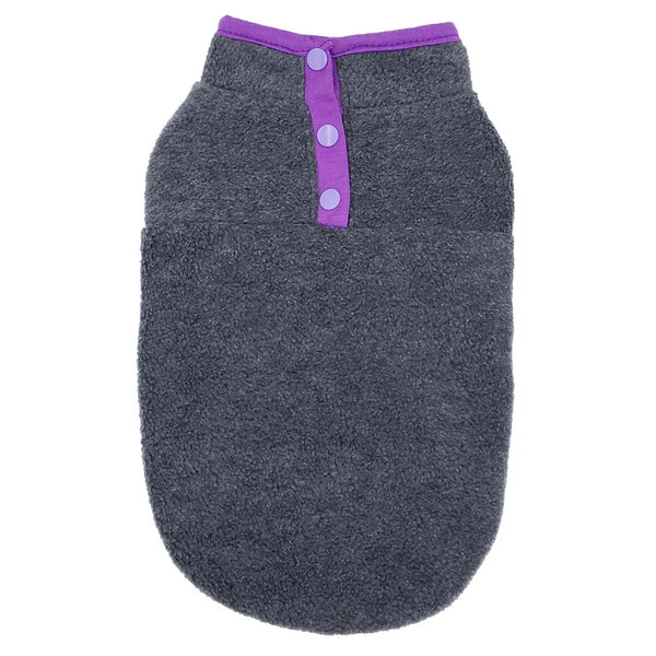 Gray dog sweater with purple buttons on a white background