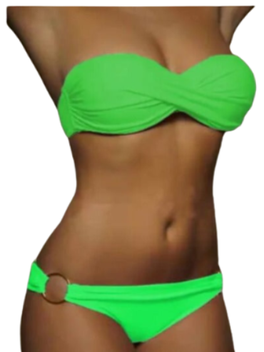Xana Twist Bikini has low waist briefs with metal ring on sides. Bra is a strapless, wireless, padded twist. Comfortable and secure fully lined. Various bright colors.