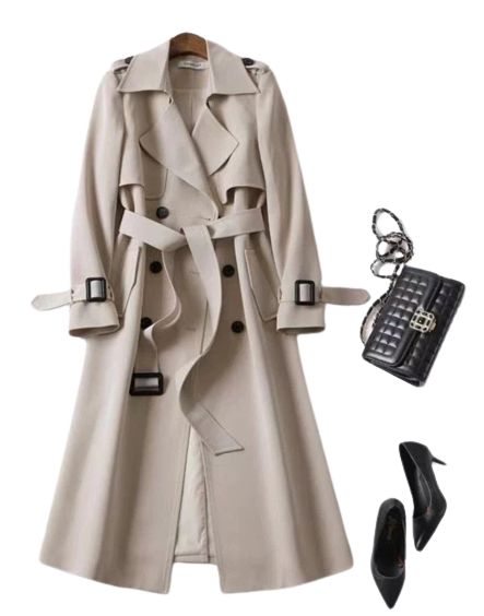 Jana Trench Coat is beautifully cut and lined. The trench is double breasted, mid-length with tortoise shell buttons and belt.