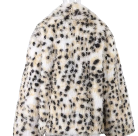 Leopard Print Faux Fur Jacket stylised for you. Warm, lined jacket with a lapel collar and long sleeves. 