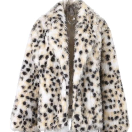 Leopard Print Faux Fur Jacket stylised for you. Warm, lined jacket with a lapel collar and long sleeves. 