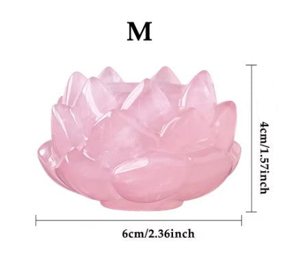 Pink lotus-shaped crystal ball holder with measurements on a white background