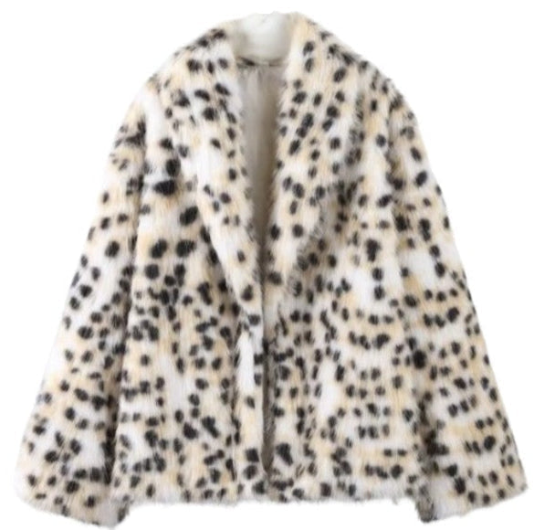 Leopard Print Faux Fur Jacket stylised for you. Warm, lined jacket with a lapel collar and long sleeves. 