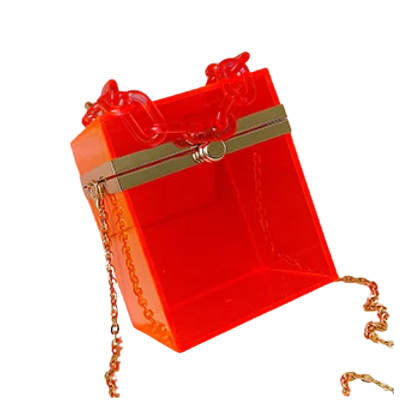 Clear Colored Square Acrylic Bag is a transparent square shaped box hand bag. In gorgeous colors. With hand chain & removeable crossbody silver chain. Special lock clasp. 
