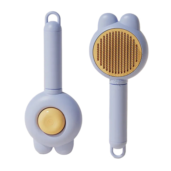 Two blue pet grooming tools with yellow centers on a beige background
