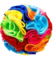 A colorful ball made from layered, ruffled fabric or felt-like material, shown on a plain white background.