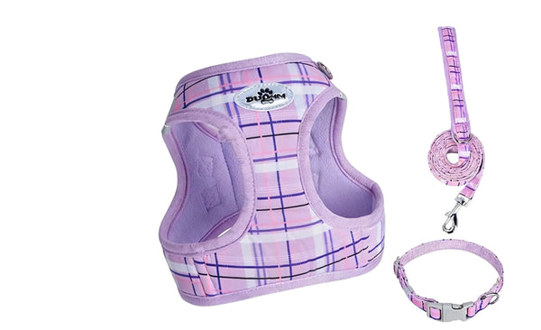 Tartan dog harness with matching leash in a classic plaid design