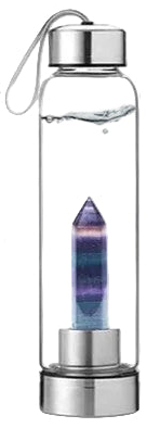 Crystal infused glass water bottle with stainless steel and quartz crystals. BPA-free, eco-friendly, with carry strap—perfect for gym, yoga, and daily use.