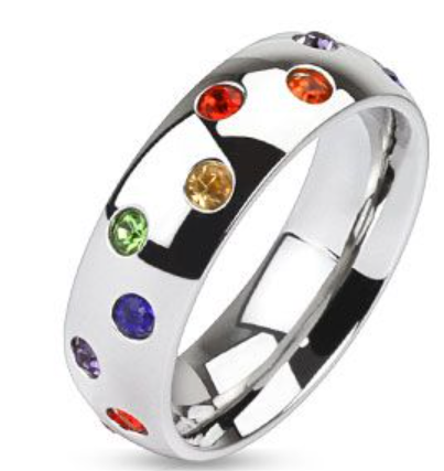 Fine, slim silver colored gem dotted rainbow band ring. Fun and young. Expertly crafted, this Fine Rainbow Gem Band Ring adds a touch of fun. Made with 925 sterling silver & high-quality gemstones.