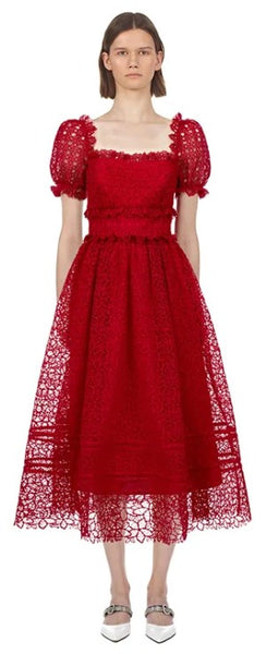 Jenna Flower Lace Dress Crochet Red heavy lace embroided puff sleeve, sheer mid-calf dress. Delicate and ready to Party. Waistline EmpireType Regular Style Vintage 
