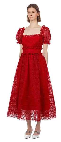 Jenna Flower Lace Dress Crochet Red heavy lace embroided puff sleeve, sheer mid-calf dress. Delicate and ready to Party. Waistline empire style vintage party