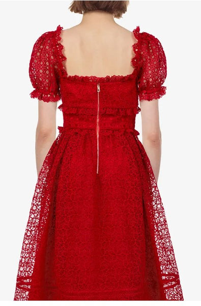 Jenna Flower Lace Dress Crochet Red heavy lace embroided puff sleeve, sheer mid-calf dress. Delicate and ready to Party. Waistline empire style vintage party