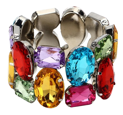Wild Rhinestone Bracelet is a cuff dress, stretch resin beaded angular 50s retro bracelet, which stretches to fit any hand. Elasticated for easy wear. Colorful shiny beads.