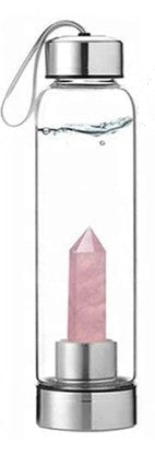 Crystal infused glass water bottle with stainless steel and quartz crystals. BPA-free, eco-friendly, with carry strap—perfect for gym, yoga, and daily use.