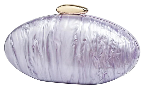 Purple clutch bag with a gold clasp on a white surface