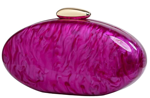 oval purple and gold clutch bag on a white background