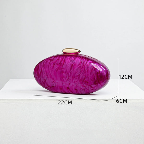 Purple clutch bag with dimensions on a white background
