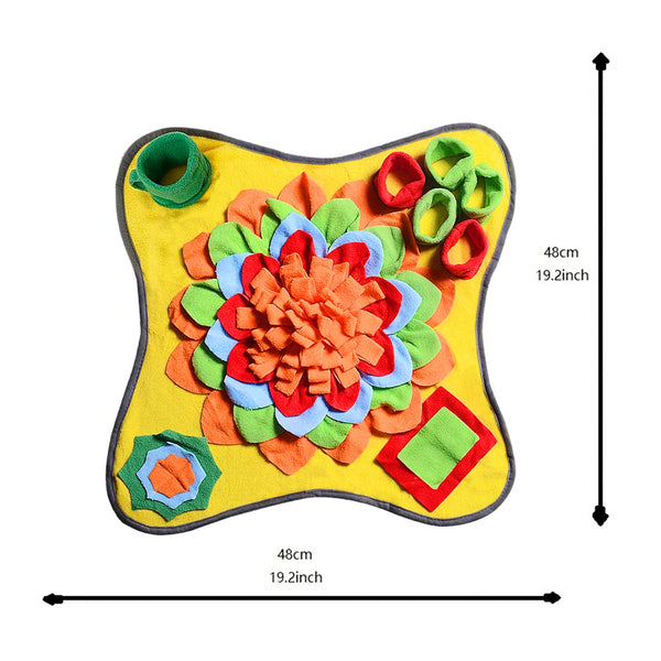 Colorful flower-shaped toy with measurements on a white background