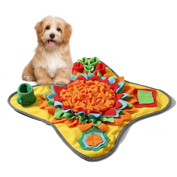 Colourful dog snuffle mat with multiple textured sections for hiding treats and encouraging natural foraging