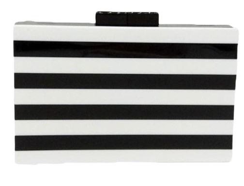 This gorgeous black and white Stripe Clutch Bag is a rectangle, box clutch purse. Versatile and striking. Also comes with a detachable, long, silver cross body chain. 
