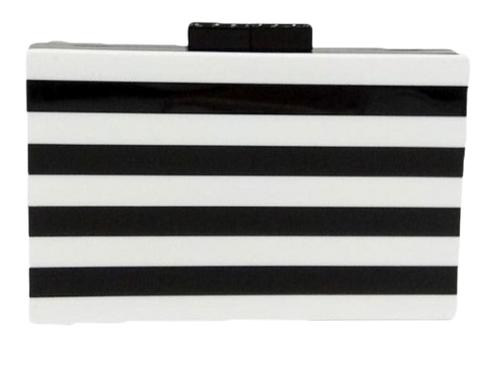 This gorgeous black and white stripe rectangle, box clutch purse if both versatile and striking. The black gives a reflective sheen. Also comes with long silver, cross body chain. Satin lined. Perfect for mobile, makeup, cards.