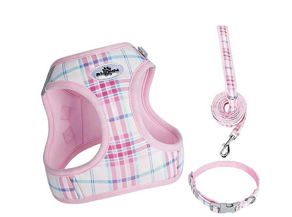 Tartan dog harness with matching leash in a classic plaid design