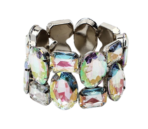 Wild Rhinestone Bracelet is a cuff dress, stretch resin beaded angular 50s retro bracelet, which stretches to fit any hand. Elasticated for easy wear. Colorful shiny beads.