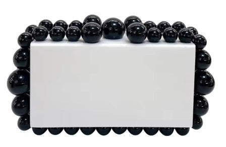 This beaded rectangle box clutch is the perfect accessory for any night out. The clutch has a sleek box silhouette and framed with large beads.