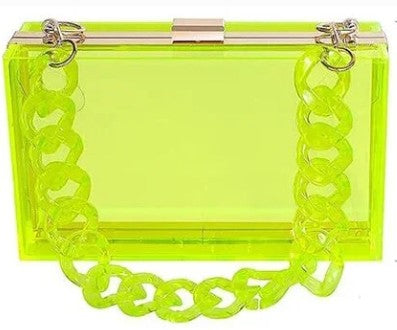 This Clear Colored Clutch Purse is an acrylic transparent box clutch. Being clear allows visibility to your mobile, glasses, lipstick, mirror. Both beautiful and functional.