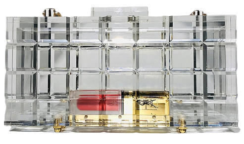 Clear cube luxury acrylic box evening purse. Comes with various removeable different length chains. Interior - Cell Phone Pocket Size - L20 x W5 x H9cm Closure Type - Clasp