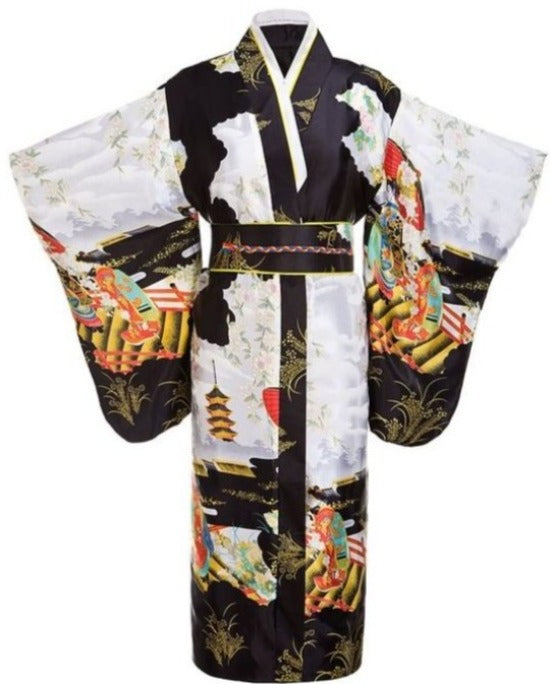 Wrap yourself in this beautiful traditional Japanese Yukata Kimono with obi flower. After a spa, shower this silk feel, non crinkle robe can be worn as leisurewear or even as evening wear. Take to beach or poolside, to wear as a swimwear cover. Clinched with wide belt.   Sleeve Length - Three Quarter Material - Satin Size -  One size Style - Sleepwear robe evening beach