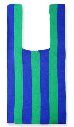 Striped Knitted shopping bag tote. Toto - Japanese for Tote, bag can be tied in a knot for secure walking. Wide Stripes in a variety of bright colours. Reusable, washable Eco shopping, bikini and beach bag. 