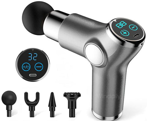 Relieve sore deep tissue muscles quickly at home or on the go. The Massage Gun 32 speed LCD touch screen instant fascial deep tissue relief compact ABS Black Gray Red Green Type-C Charging Cable