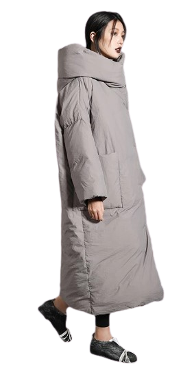 Zen Asymmetrical Long Winter Coat is extremely warm. Large pockets, hooded, filling is 100 per cent down cotton, hidden button closure, asymetrical, soft and warm.