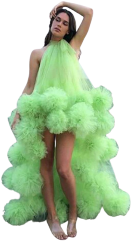 Neon green, gorgeous tulle, large ruffles sleeveless, mini front, long back evening robe de soiree. This is an elegant, halter party dress.