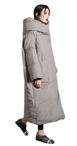 Zen Asymmetrical Long Winter Coat is extremely warm. Large pockets, hooded, filling is 100 per cent down cotton, hidden button closure, asymetrical, soft and warm.