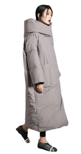Oversize Japanese Zen 3/4 Long Jacket feels like a sleeping bag looks like an Oriental Dream. It is so extremely warm and cozy but looks totally Zen. Large pockets at front to keep hands warm and keys, sunglasses and phones. Hooded and fully lined. In Stone, Black and Olive.