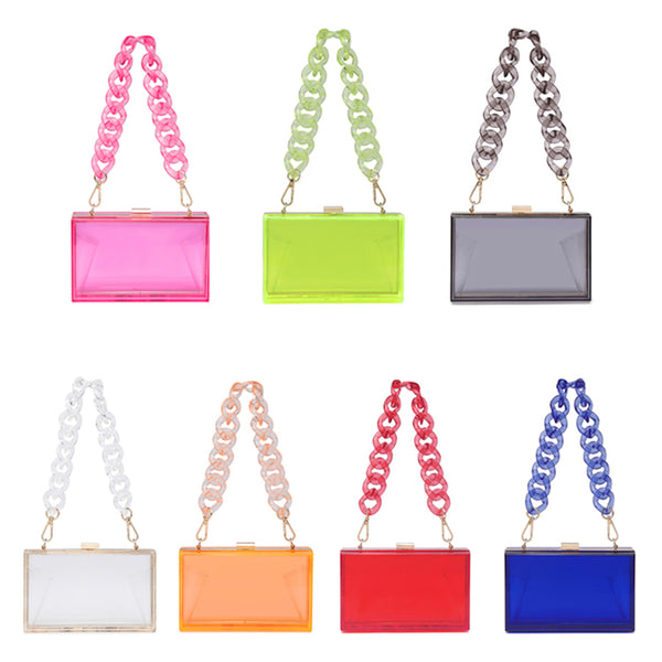 This Clear Colored Clutch Purse is an acrylic transparent box clutch. Being clear allows visibility to your mobile, glasses, lipstick, mirror. Both beautiufl and functional.