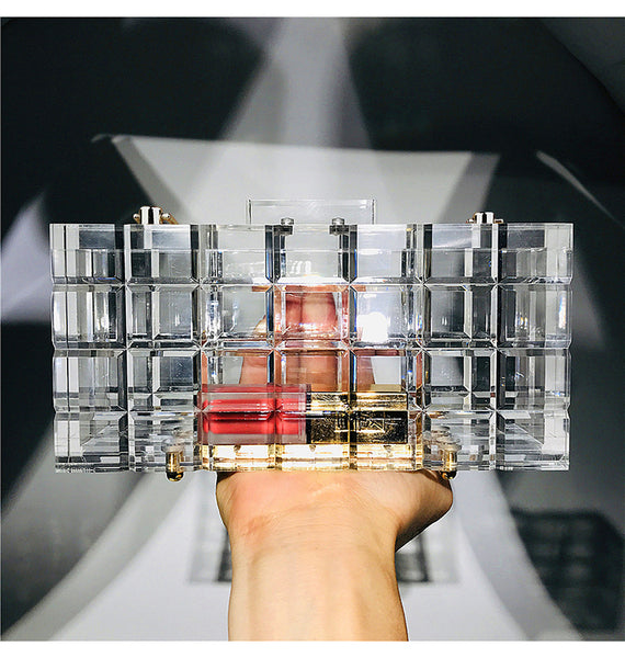 Clear rectangle, plaid luxury acrylic box evening purse. Comes with various removeable different length chains.  There is something beautiful about this transparent glass-like clutch.